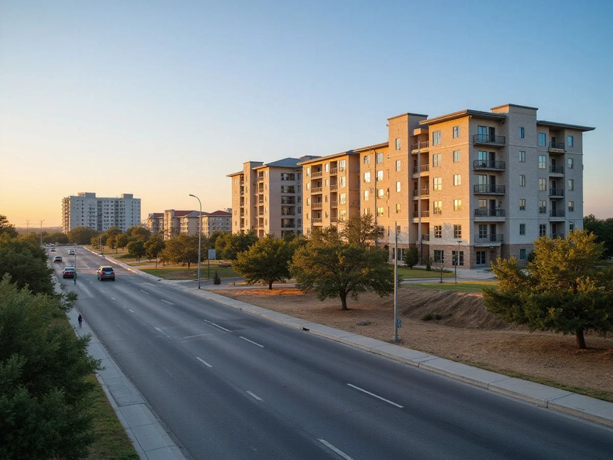 San Antonio highway at sunrise with new apartment buildings and an office campus in view