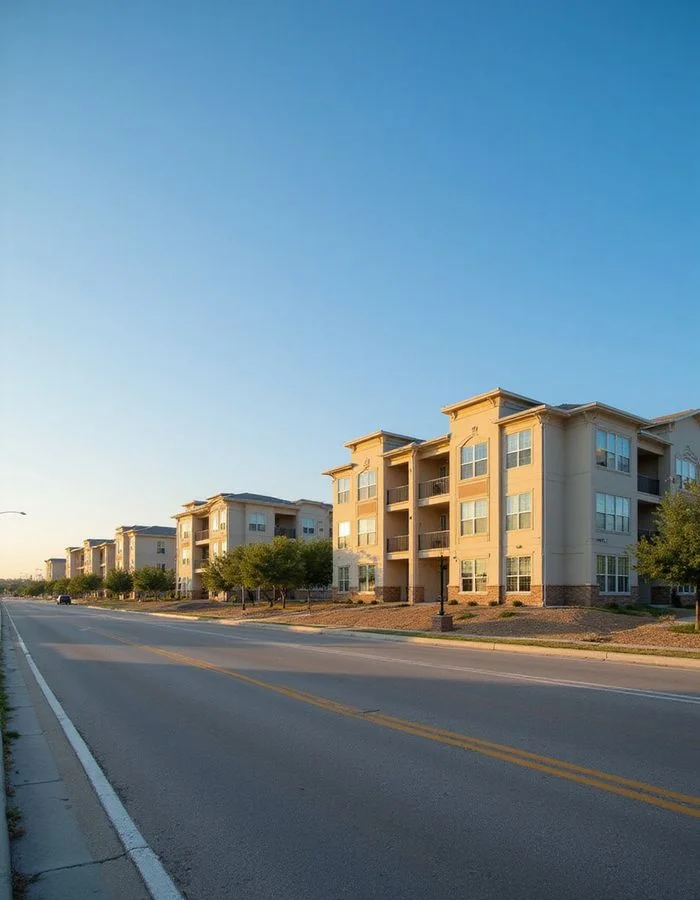 Highway corridor with new apartment buildings along the frontage road in morning light