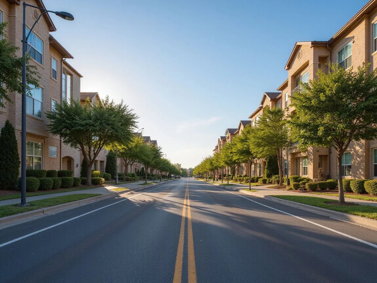 Tree-lined boulevard approaching a base gate area at sunrise with new apartment buildings in the distance