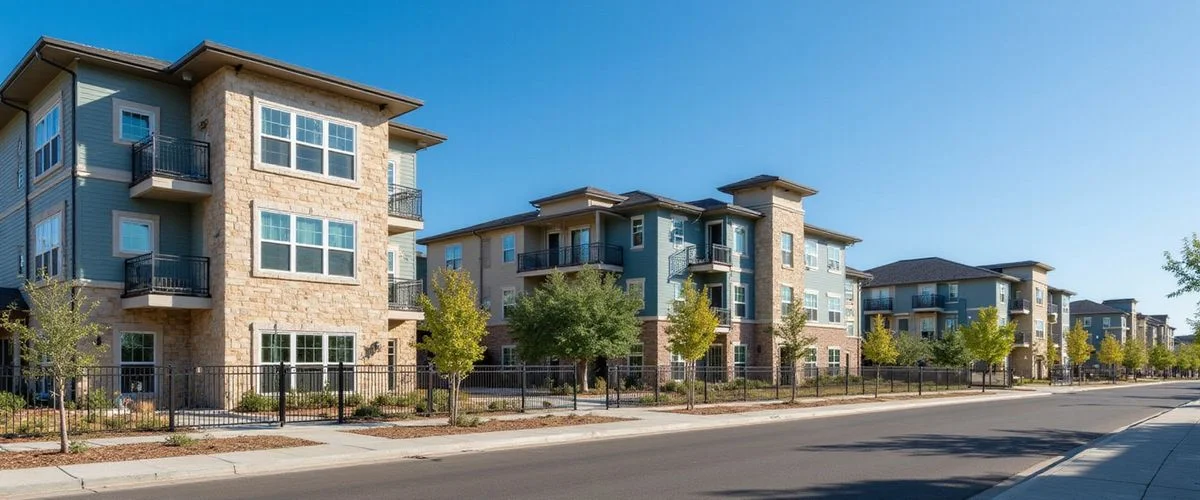Several brand-new apartment buildings side by side along a boulevard